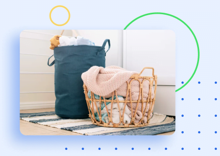 Unfolded clothes in laundry basket and laundry bin