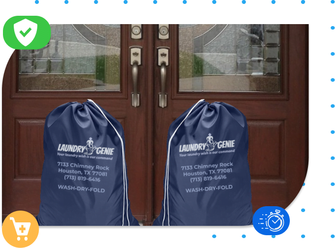 Houston Laundry Service laundry bags sitting in front of a house